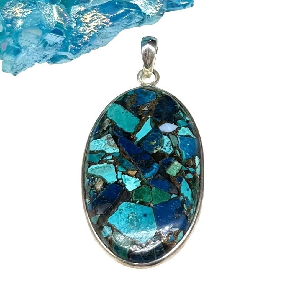 Mosaic Kingman Turquoise Necklace Pendant Solid 925 Sterling Silver Oval Stone